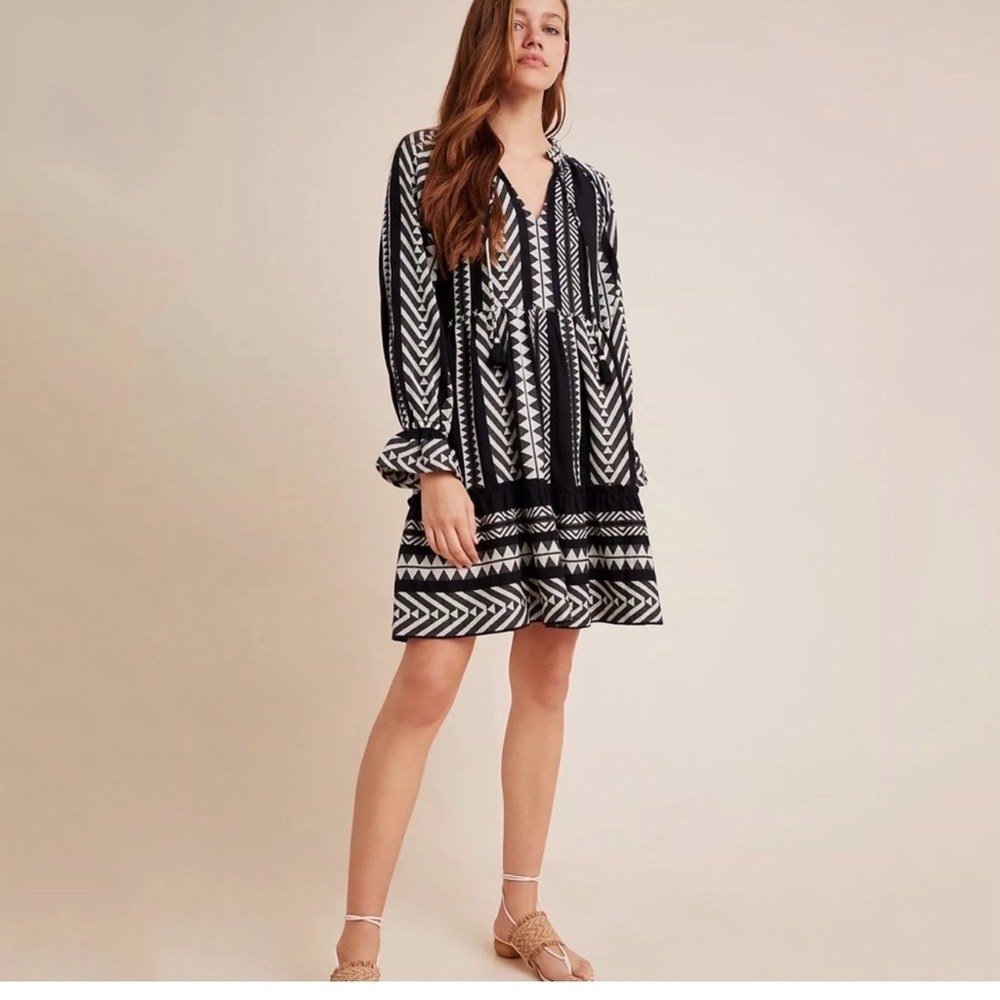ANTHROPOLOGIE Dominique Tunic Dress Boho Black White Size Small Petite - Picture 4 of 16